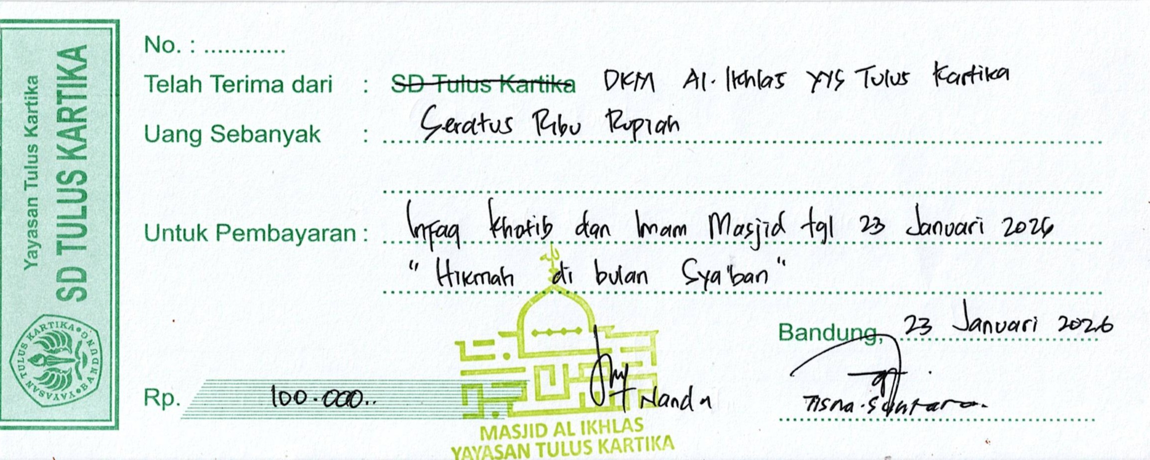 Infaq Khotib dan Imam Shalat Jumat tgl 23 Januari 2026 